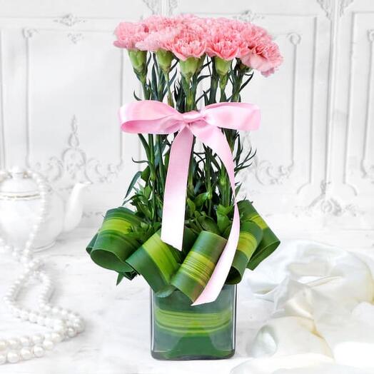 Bouquet Of Pink Carnations In Glass Vase