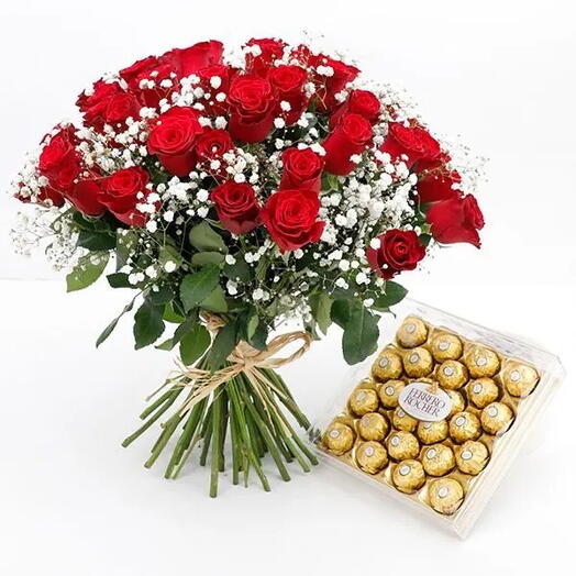 Bouquet of 25 Red Roses with Ferrero Chocolate - 1707