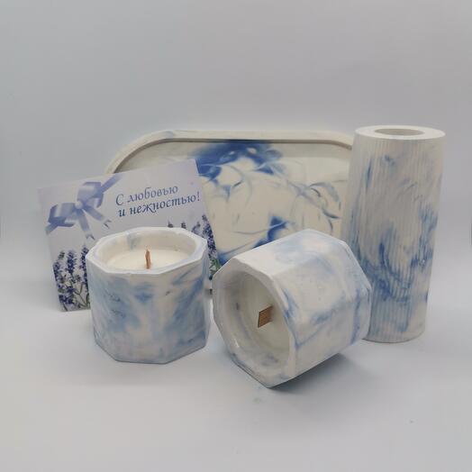 Подарочный набор с аромасвечами, голубой мрамор