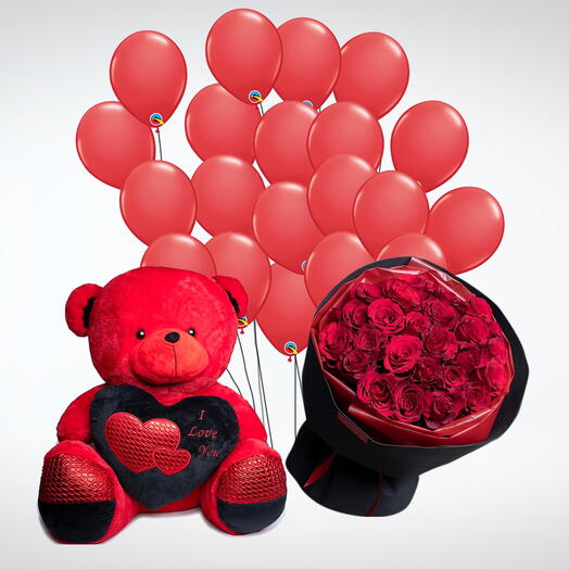 Red Roses With Teddy Bear And Balloons