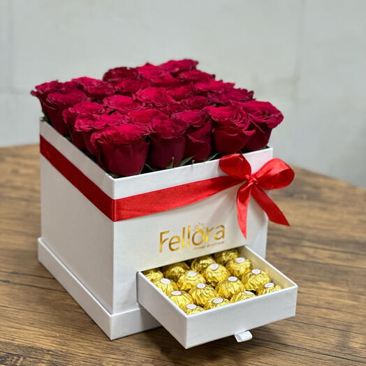 Red Rose And Ferrero In White Box
