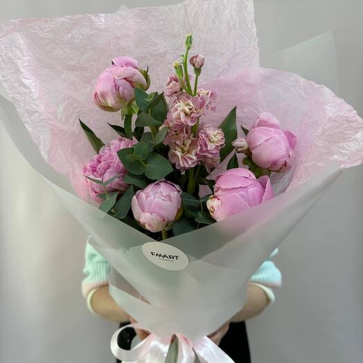 Delicate bouquet with peonies and mattiola