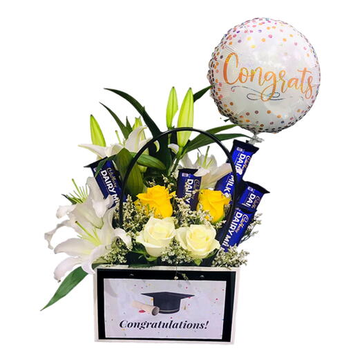 Congrats Bag With Flowers   Chocolate With Foil Balloon