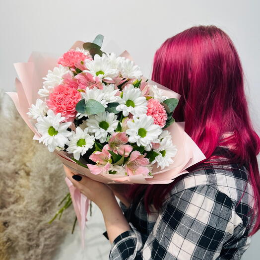 Bouquet of chamomile chrysanthemum, alstroemeria, eucalyptus and dianthus "Fantasy"
