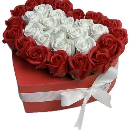 Red and White Roses in a Red Heart box 2