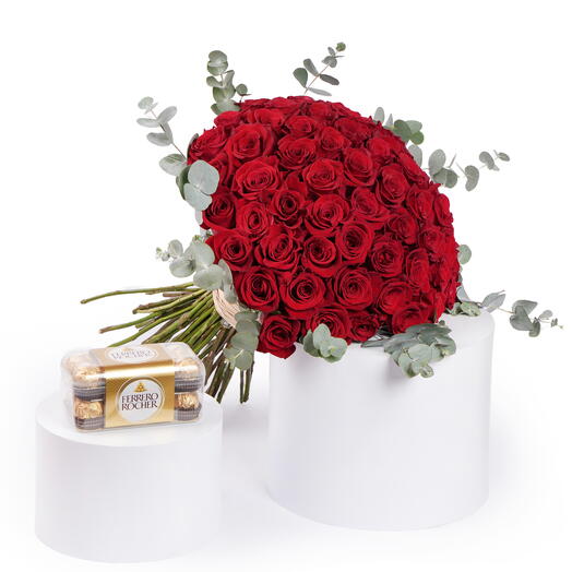 50 Roses Bouquet with Ferrero Rocher Combo