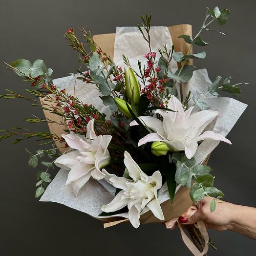 Bouquet of lilies and eucalyptus