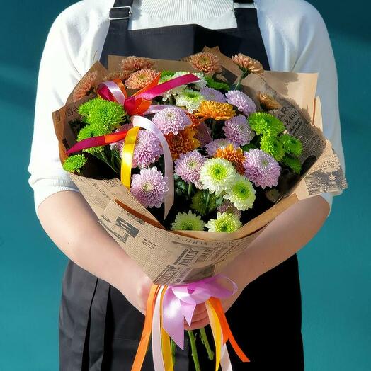 Joyful Santini chrysanthemums in kraft paper