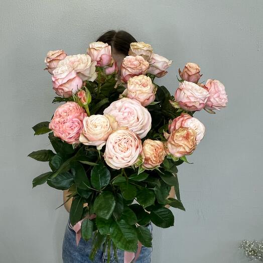 Ramo de rosas arbustivas en forma de peonía debajo de la cinta