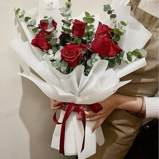 Valentines Day 12 Red Roses Bouquet with White Wrapping