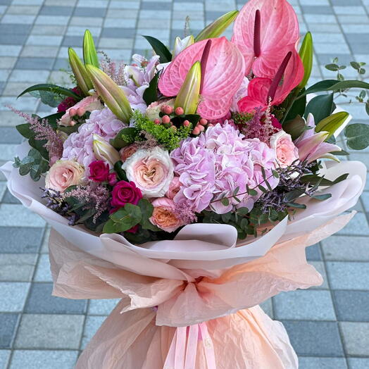 Enchanting Lilac Bouquet: Pink Hydrangea, Lilies, Roses, and Anthurium