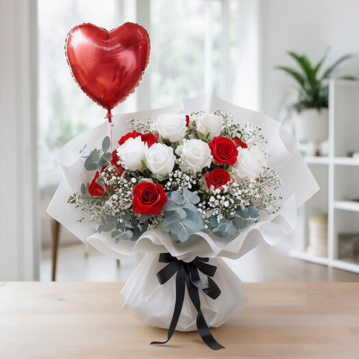 Valentines Day Red and White Roses Bouquet with Red Heart Balloons