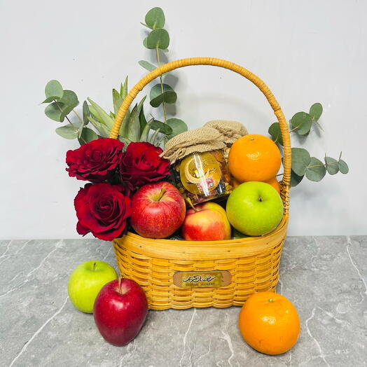 Fresh Fruit and Nut Wooden Basket with Roses and Eucalyptus