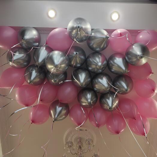 Гелиевые шары под потолок 35 шт серебро и розовый