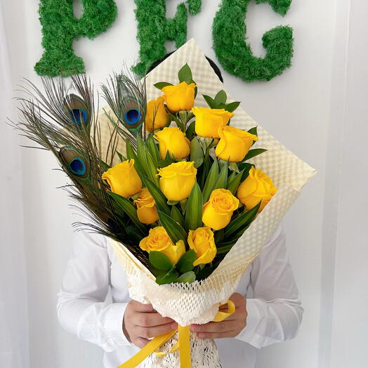 12 pieces Yellow Roses with Peacock feather