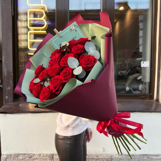 Bouquet of 15 red roses with eucalyptus