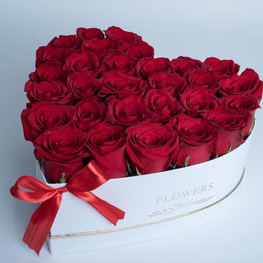 33 Red Roses In  White Heart Box