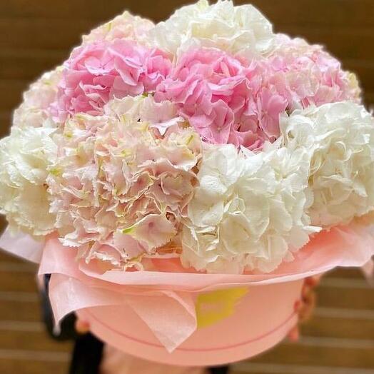 Bouquet of assorted hydrangeas in hatbox