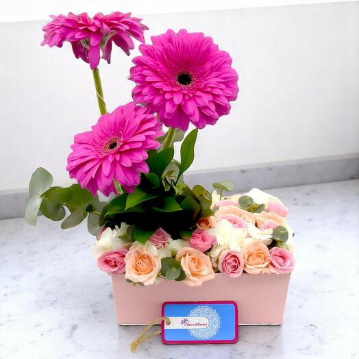 Baby Girl Pink Box Arrangement – Spray Roses, Hydrangea, Gerberas   Eucalyptus