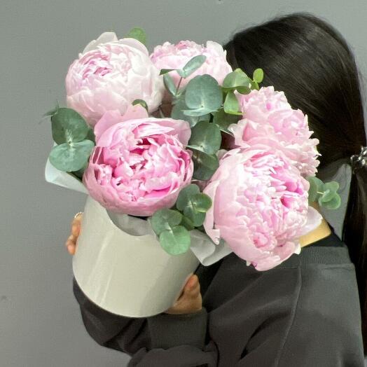 Пионы Сара Бернар с эвкалиптом в шляпной коробке 5 шт (0006) peony😻