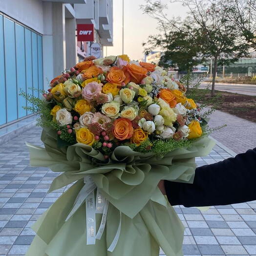 Summer Hue Bouquet: Fresh Mix of Orange and Yellow Spray Roses and Roses with Greeneries