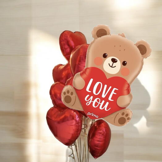 10 helium Red hearts + bear I love you baloons