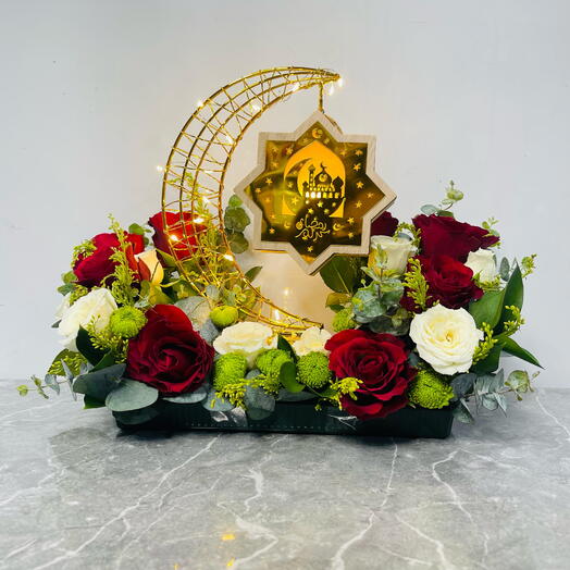 Floral Arrangement with Crescent Moon LED Light in Plastic Tray