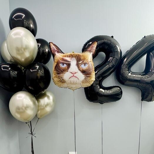 Воздушные шары набор из 10 шт, фигурка грустный кот и 2 любые цифры 102 см в черном цвете, гелиевые шары на день рождения