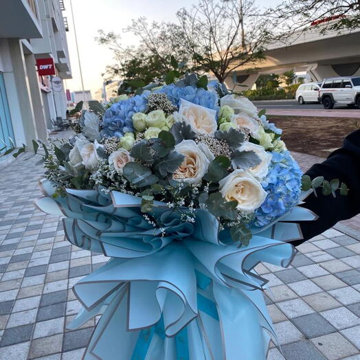 Blue Parade: Fresh Blue Hydrangea And Scented White Ohara Roses Mix Bouquet with Accessories