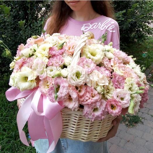 White and pink lisianthus in basket