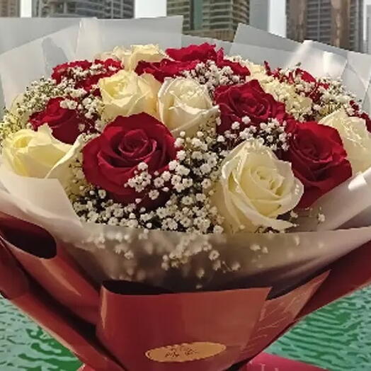 24 Red And White Roses With Gypsophila Bouquet