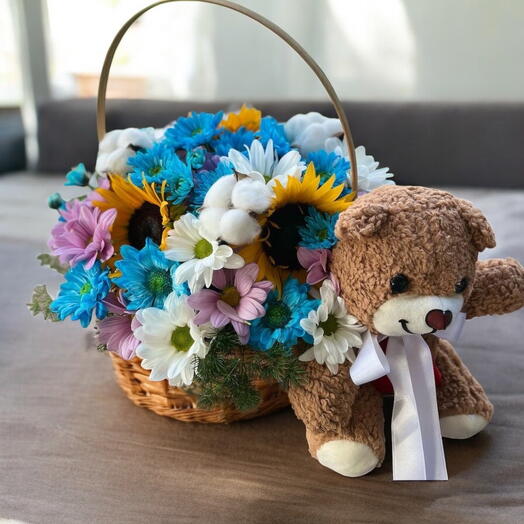 Daisies in a Wicker Basket with a Little Bear