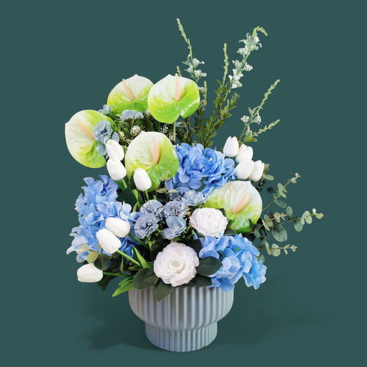 Blue Hydrangea   Anthurium Faux Vase