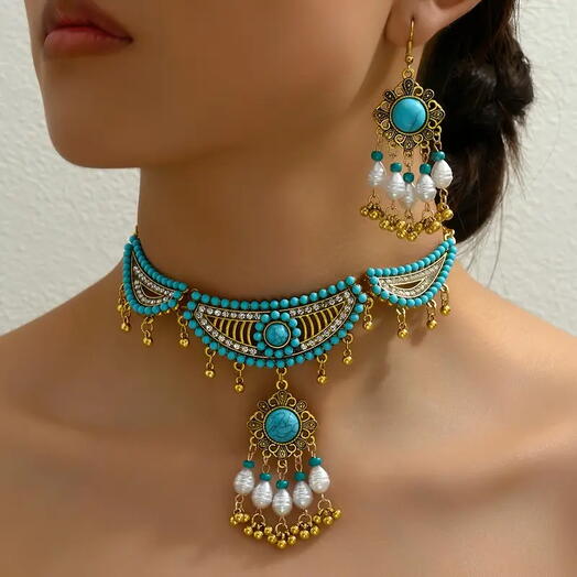 Turquoise Majesty – Bohemian Choker   Earring Set