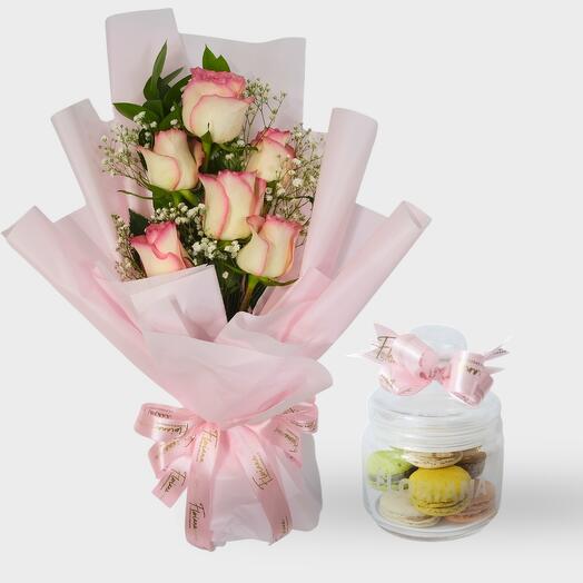 Combo1 6 Pink Rose with Small Glass Jar Macaroon