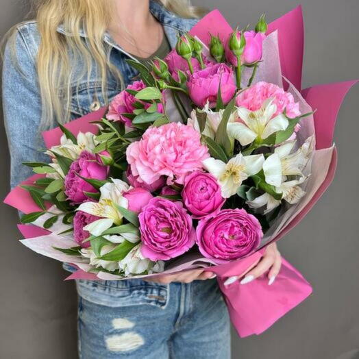 Pink Rose and White Alstroemeria Bouquet - 1043