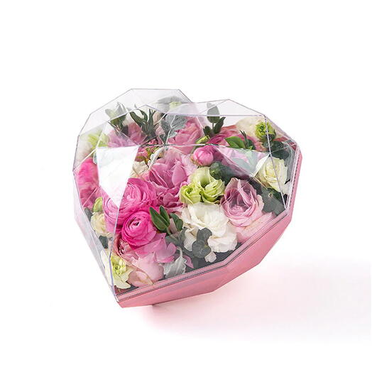 Mixed Lisianthus in Heart-Shaped Acrylic Vase