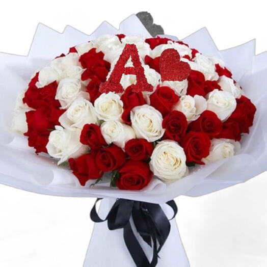 30 Red   30 White Roses with Customized Letter in White Wrapping