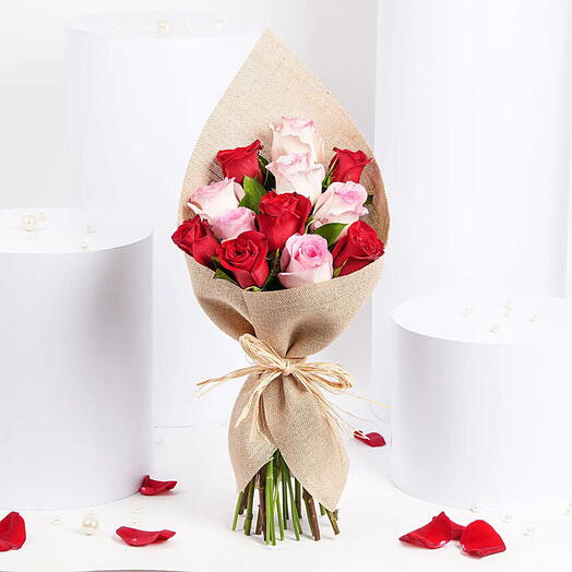 Valentines Day Red and Pink Roses Brown Wrapped Bouquet