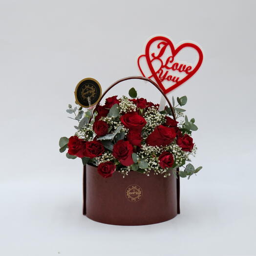 Brown Leather Box with Mixed Red Roses and I Love You Acrylic Stick