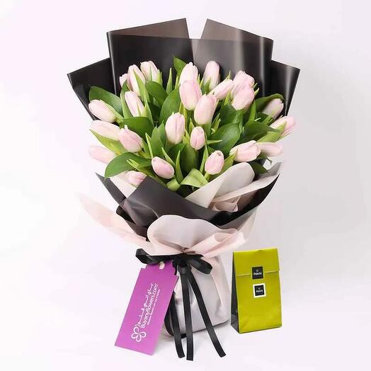 Dark Beauty 25 Tulips Bouquet and Deluxe Patchi Chocolates