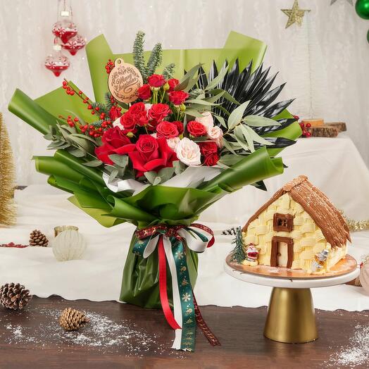 Holiday Season Wishes Bouquet With Hut Cake