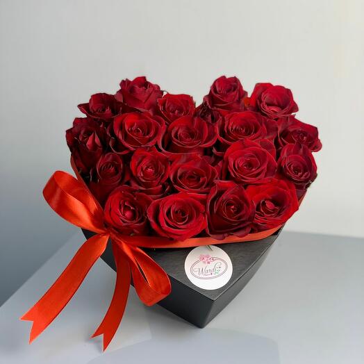 Red Roses in Black Heart Box