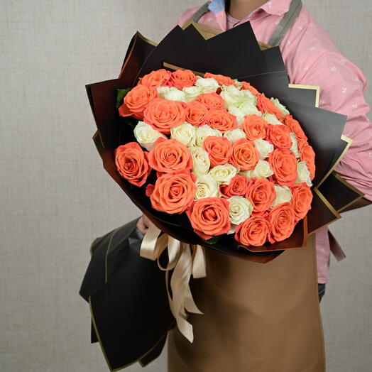 51 Orange And White Roses Bouquet