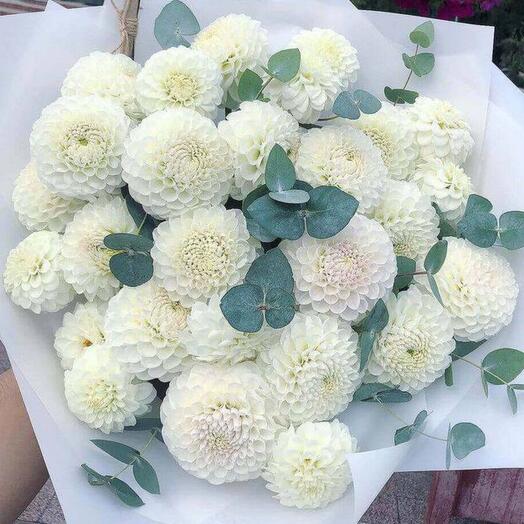 Bouquet of white dahlias and eucalyptus