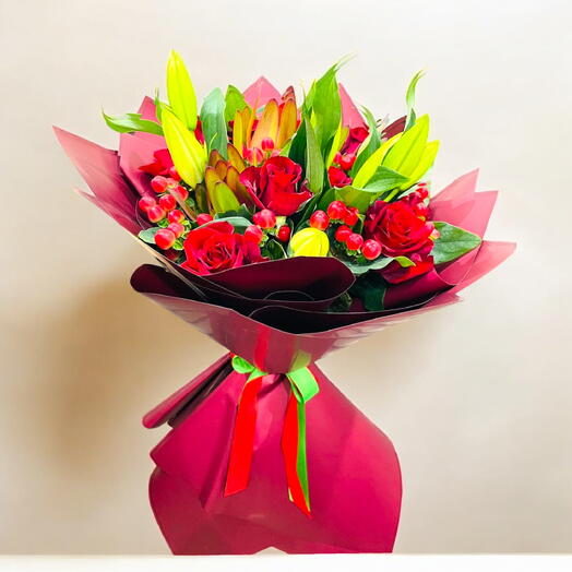 Festive Floral Arrangement – White Lilies, Red Roses   Seasonal Greens