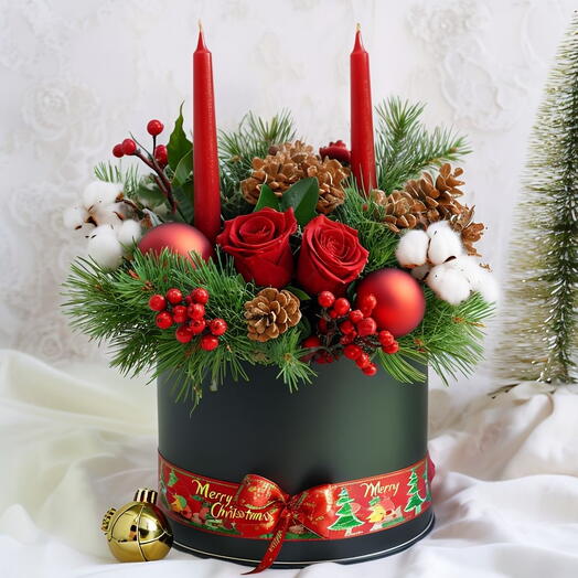 Festive Christmas Floral Arrangement In Elegant Black Hat Box