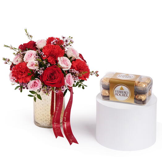 Mix Roses in Golden Vase with Ferrero Rocher Combo