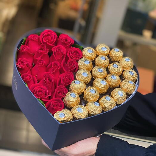 FERRERO CHOCOLATE WITH RED ROSES IN A BOX