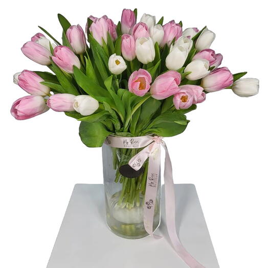 51 Pink and white tulips with vase